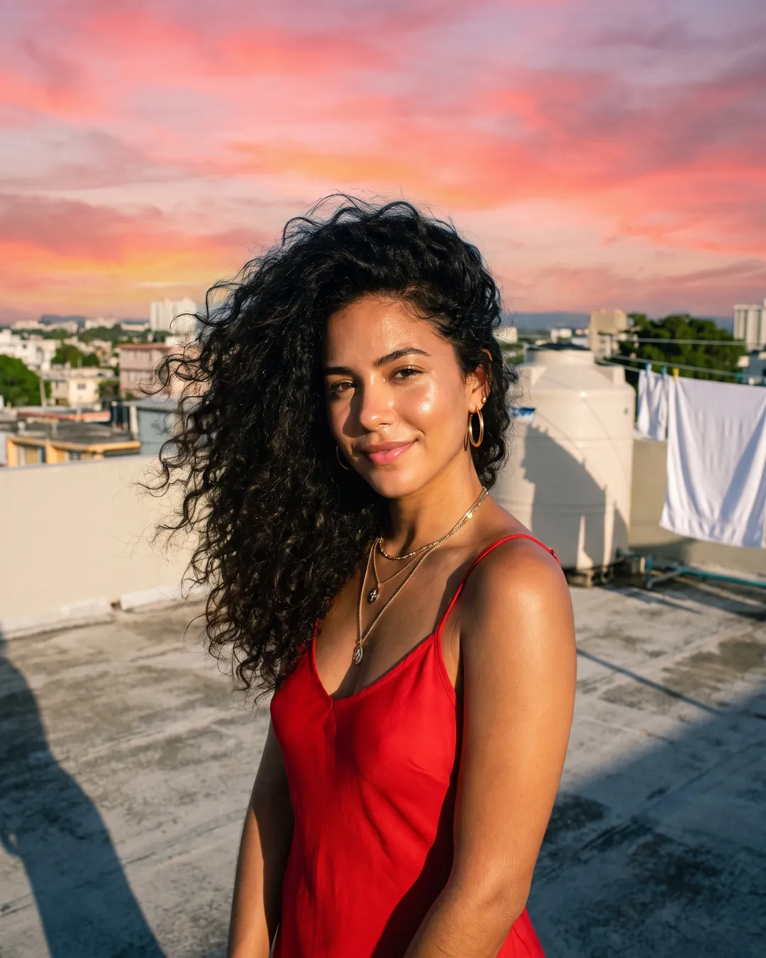 A woman with long dark curls in a red dress stands on a rooftop at sunset, laundry drying behind her