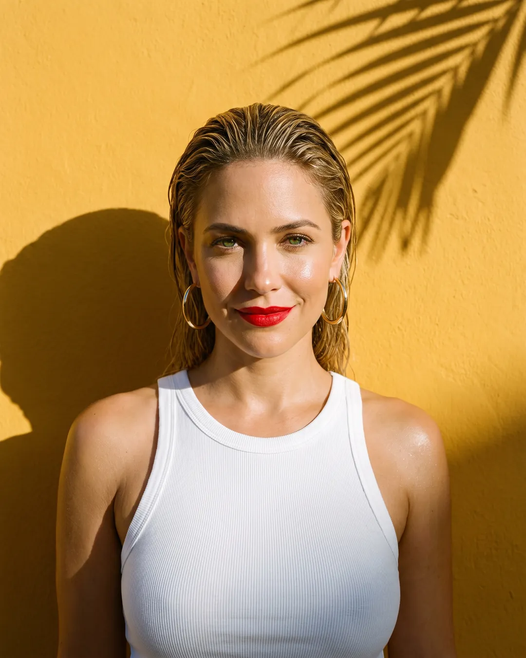A woman with slicked-back blonde hair and red lipstick smiles against a sunlit yellow wall