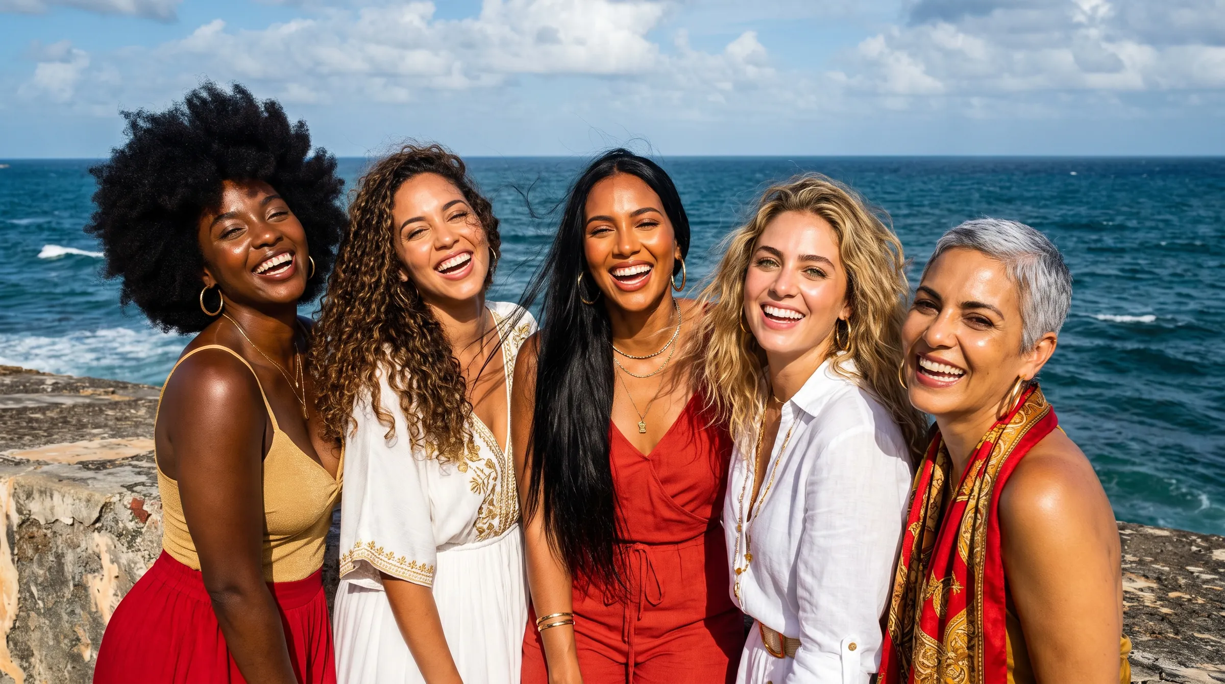 Friends laugh together on the old San Juan sea wall, the ocean behind them