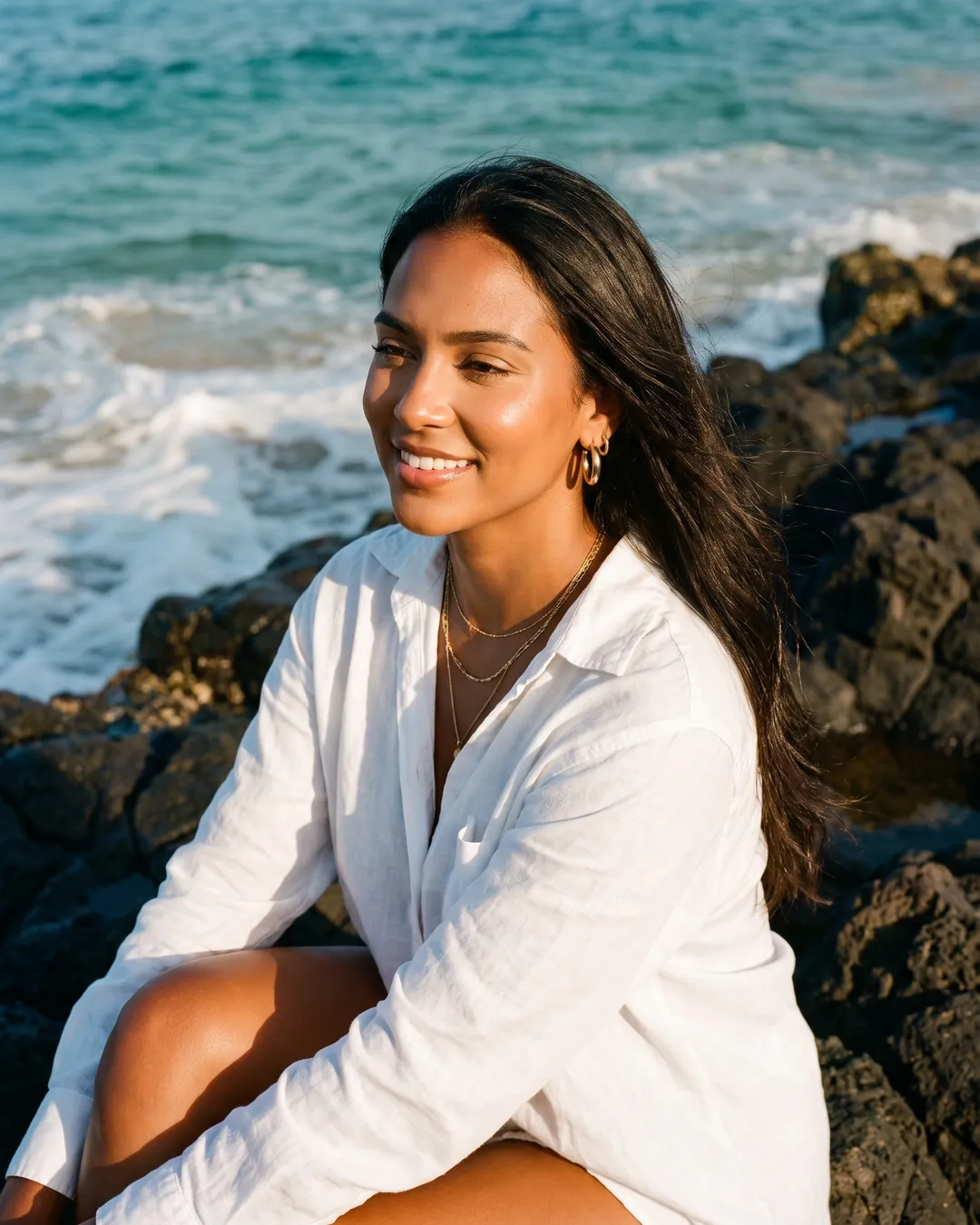 A woman in a white shirt sits on dark rocks by the sea, smiling over her shoulder