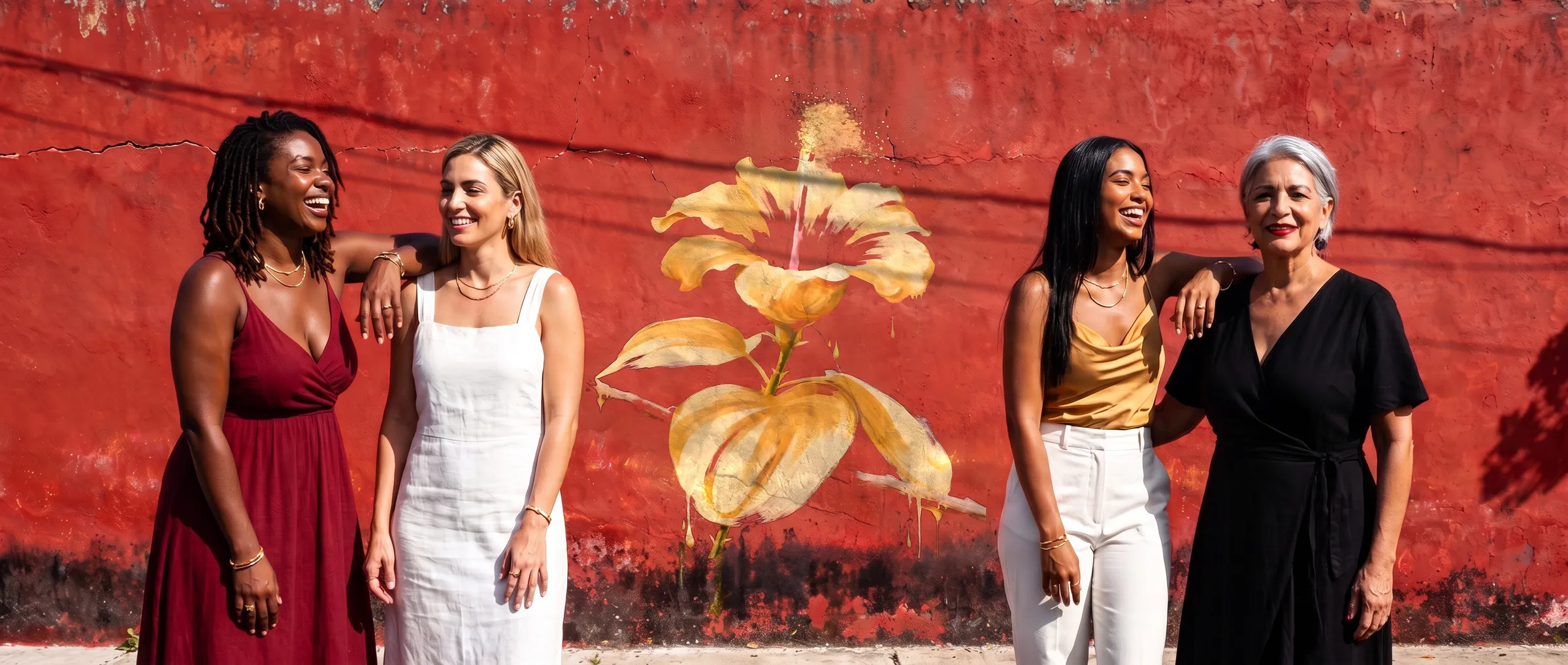 Friends laugh together in front of a red wall painted with a gold flor de maga