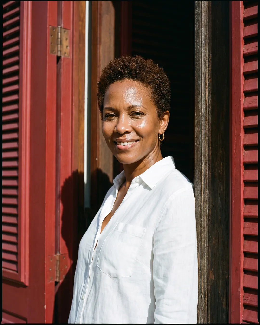 A woman with short natural hair in a white shirt leans in a doorway between red wooden shutters