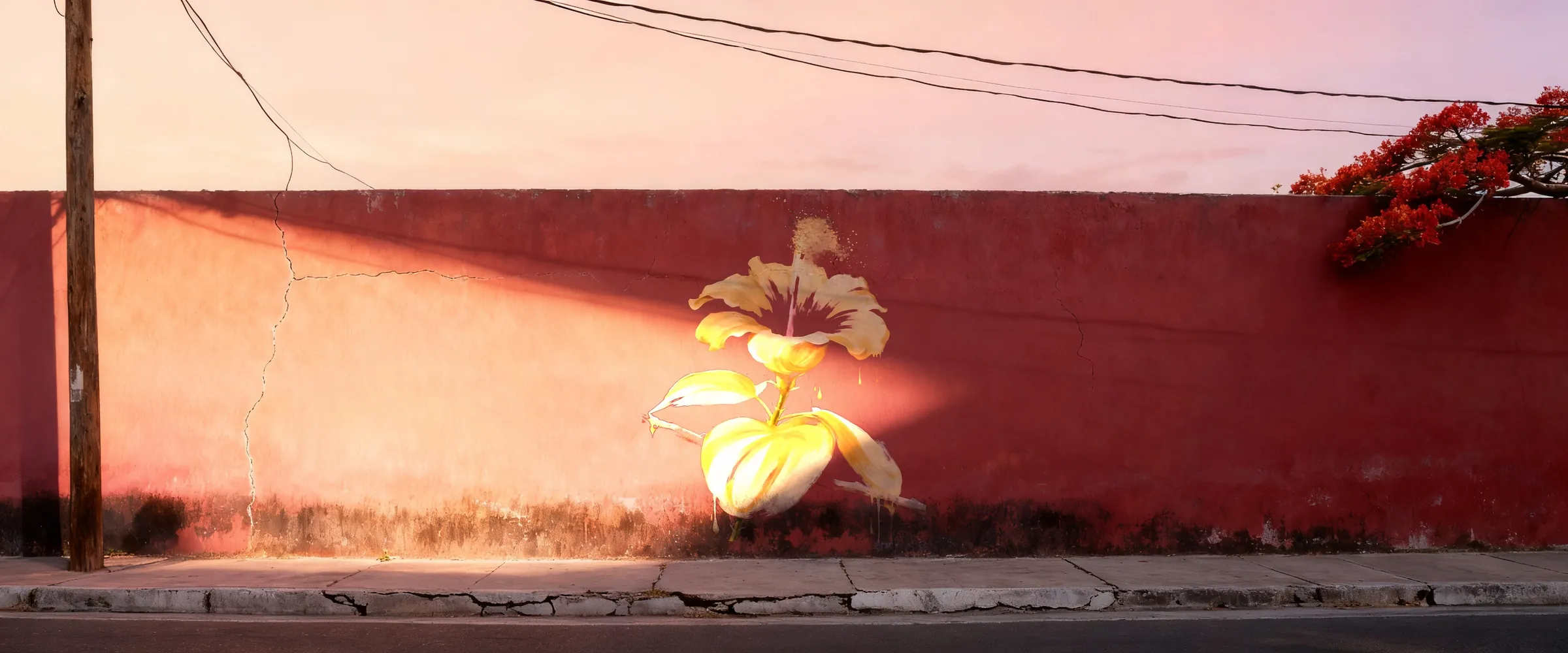 At sunrise, pink light grazes a long red street wall painted with a gold flor de maga