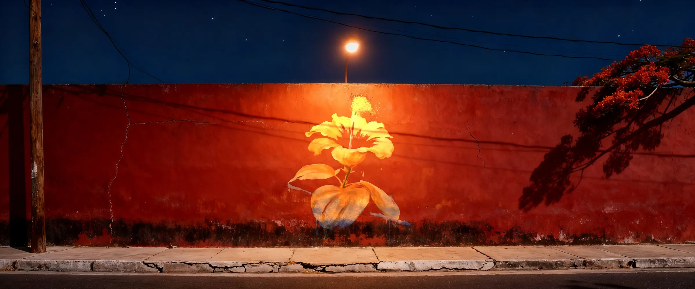 At night, one streetlight pours amber over the gold flor de maga painted on the red wall