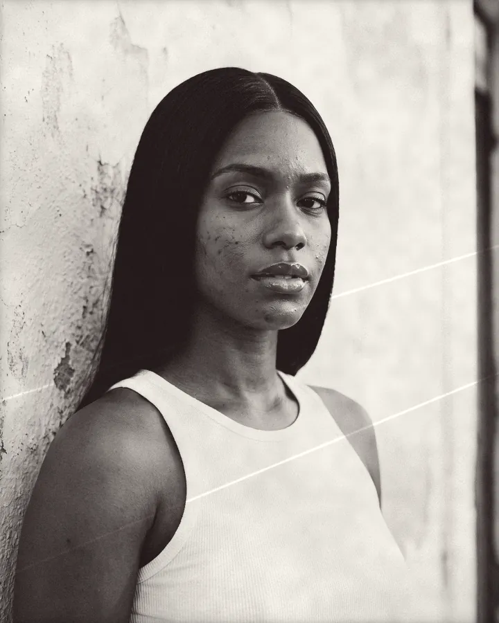 Portrait of a confident woman with long sleek straight hair and glossy lips, printed for the wall