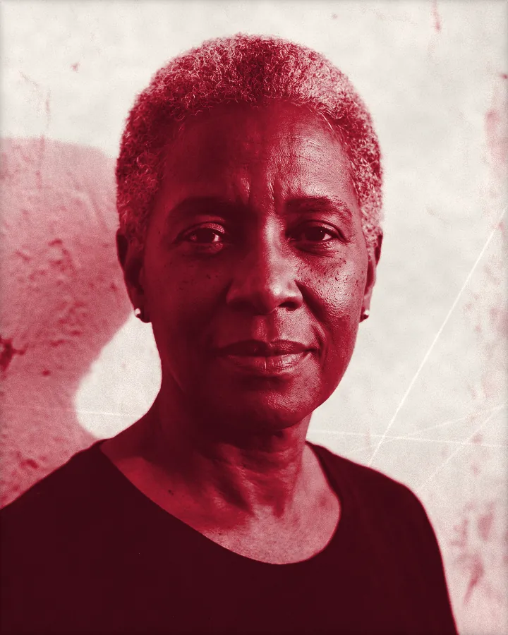 Portrait of a serene woman with very short gray natural hair, printed for the wall