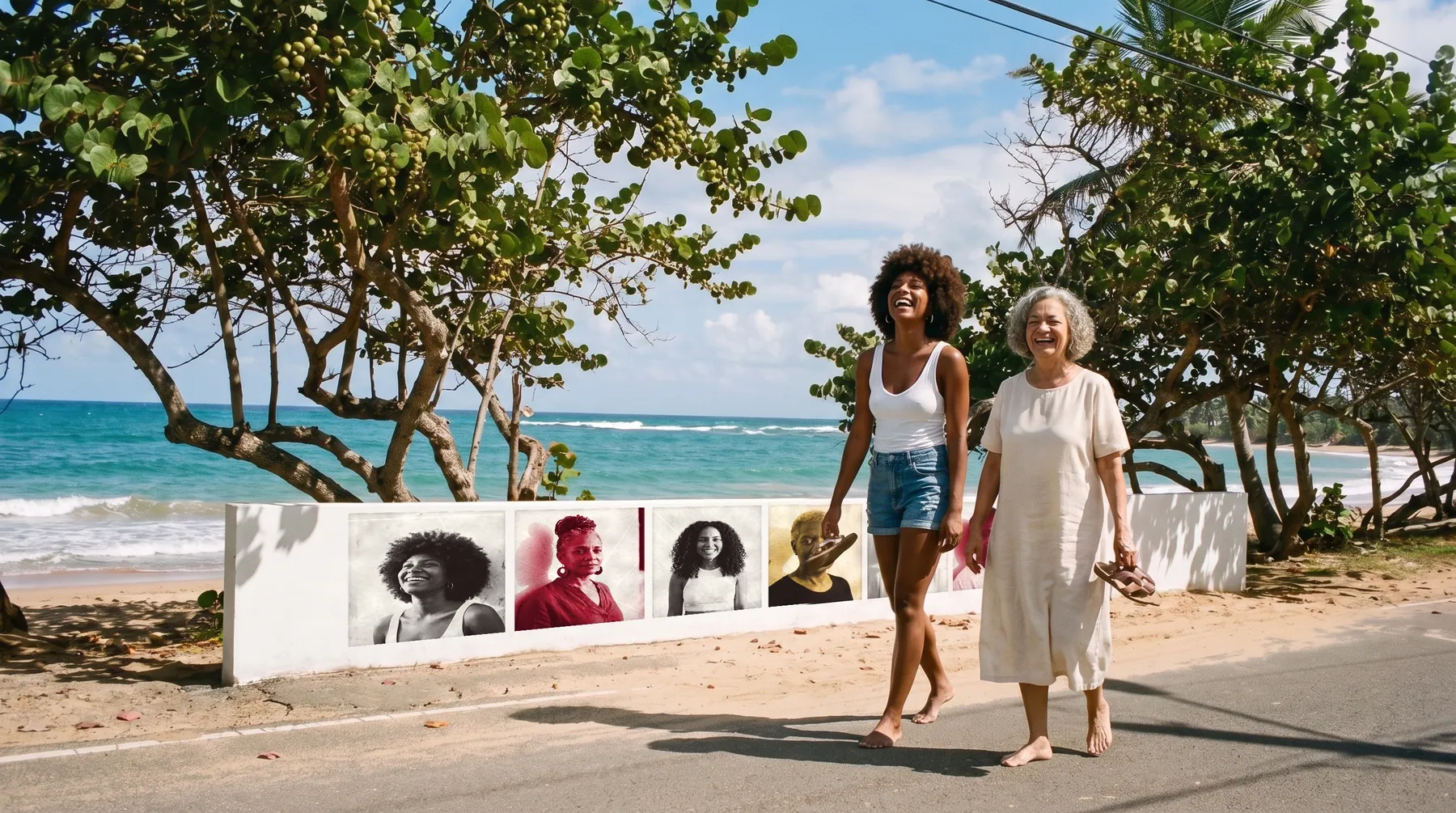 Portraits pasted along a low white beach wall in Piñones, two women walking past barefoot and laughing, the sea behind