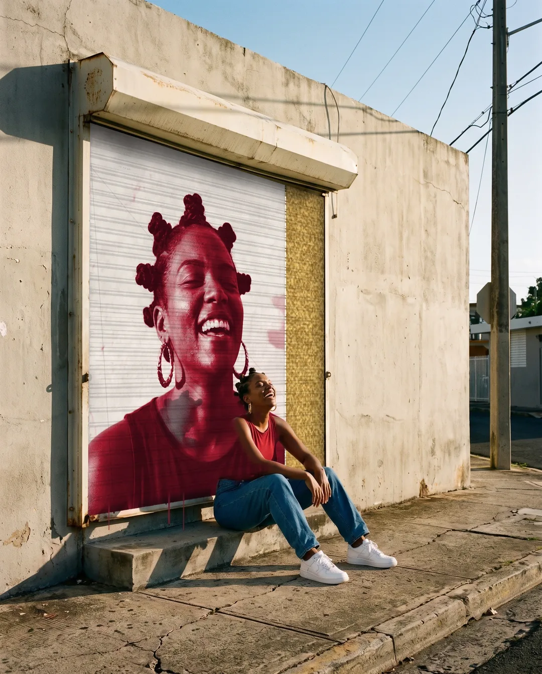 A Bija red portrait of a laughing woman in Bantu knots pasted across a closed roll-down gate, the same woman sitting on the step below and laughing up at it