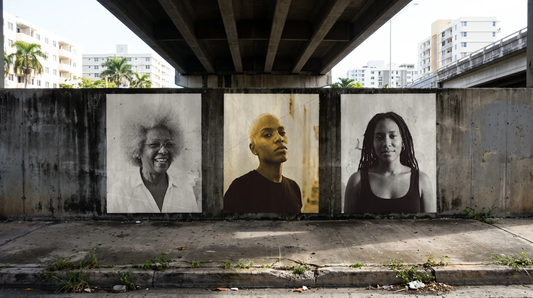 Three huge portraits of women pasted on the concrete wall under an expressway